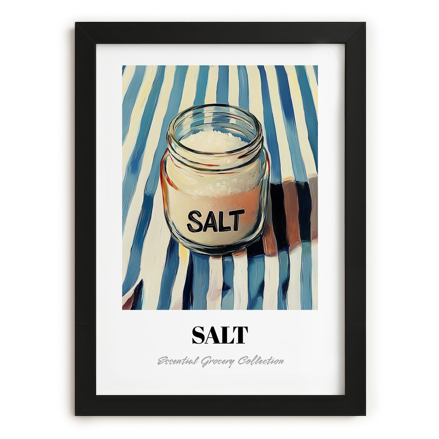 Salt – on Striped Tablecloth, Spices Art, in sleek black frame