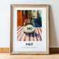 Salt – Italian Outdoor Café Scene, Spices Still Life, in wooden frame leaning on the floor