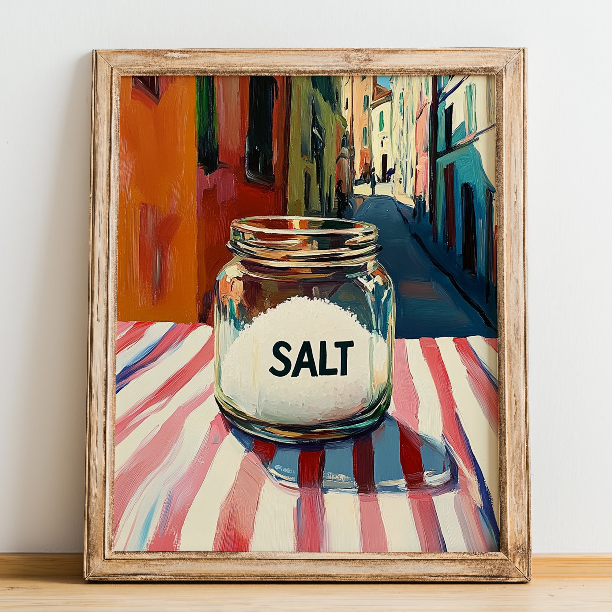 Salt – Italian Outdoor Café Scene, Spices Still Life, no-text version framed in wood