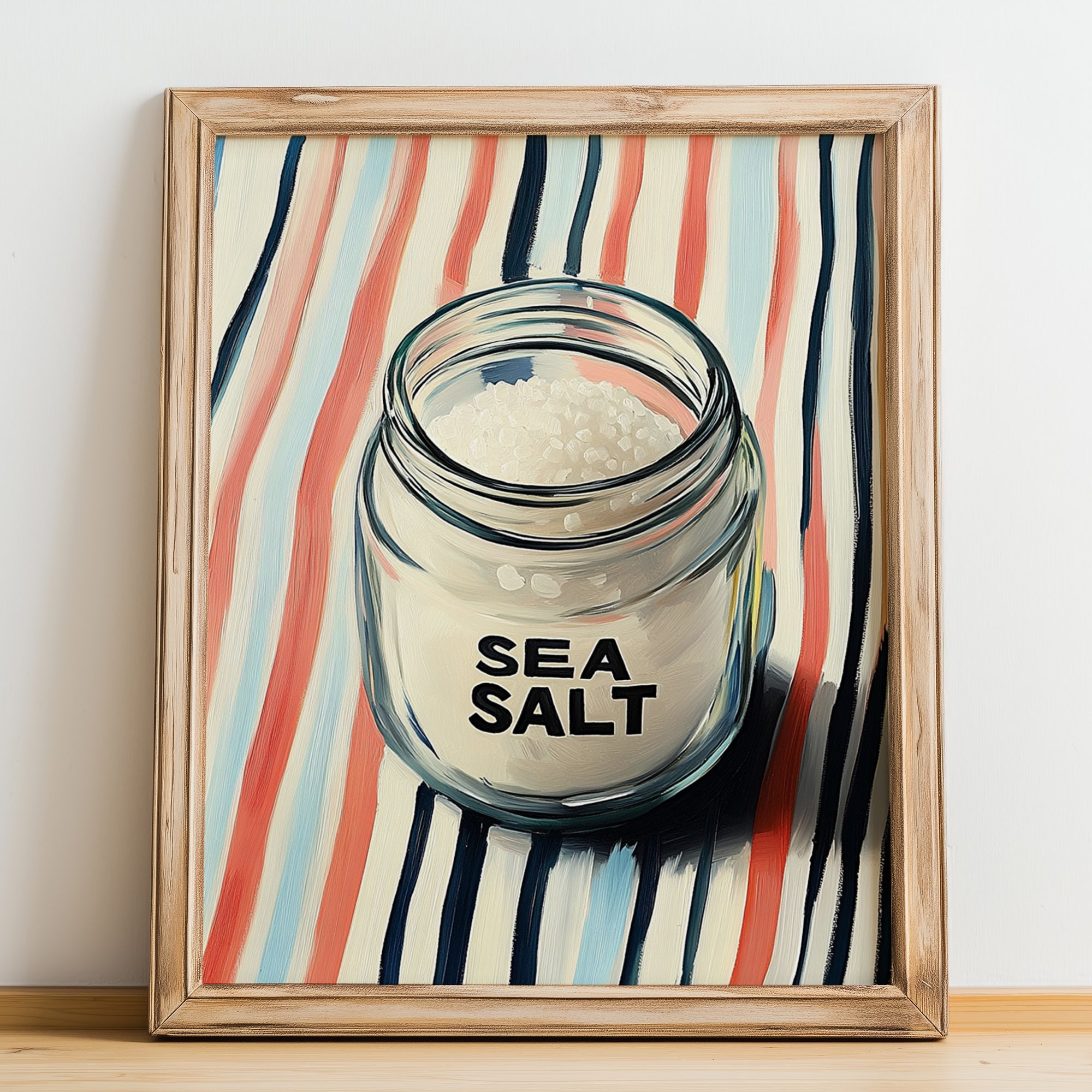 Sea Salt – on Striped Tablecloth, Spices Poster, no-text version framed in wood