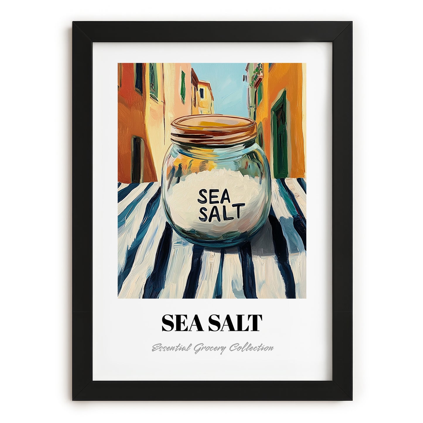 Sea Salt – Italian Café on the Corner, Spices Painting, in sleek black frame