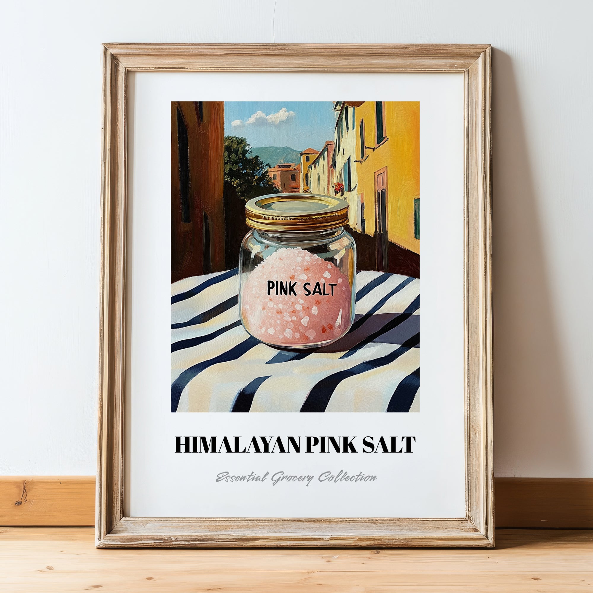 Himalayan Pink Salt – Italian Outdoor Café Scene, Spices Still Life, in wooden frame leaning on the floor