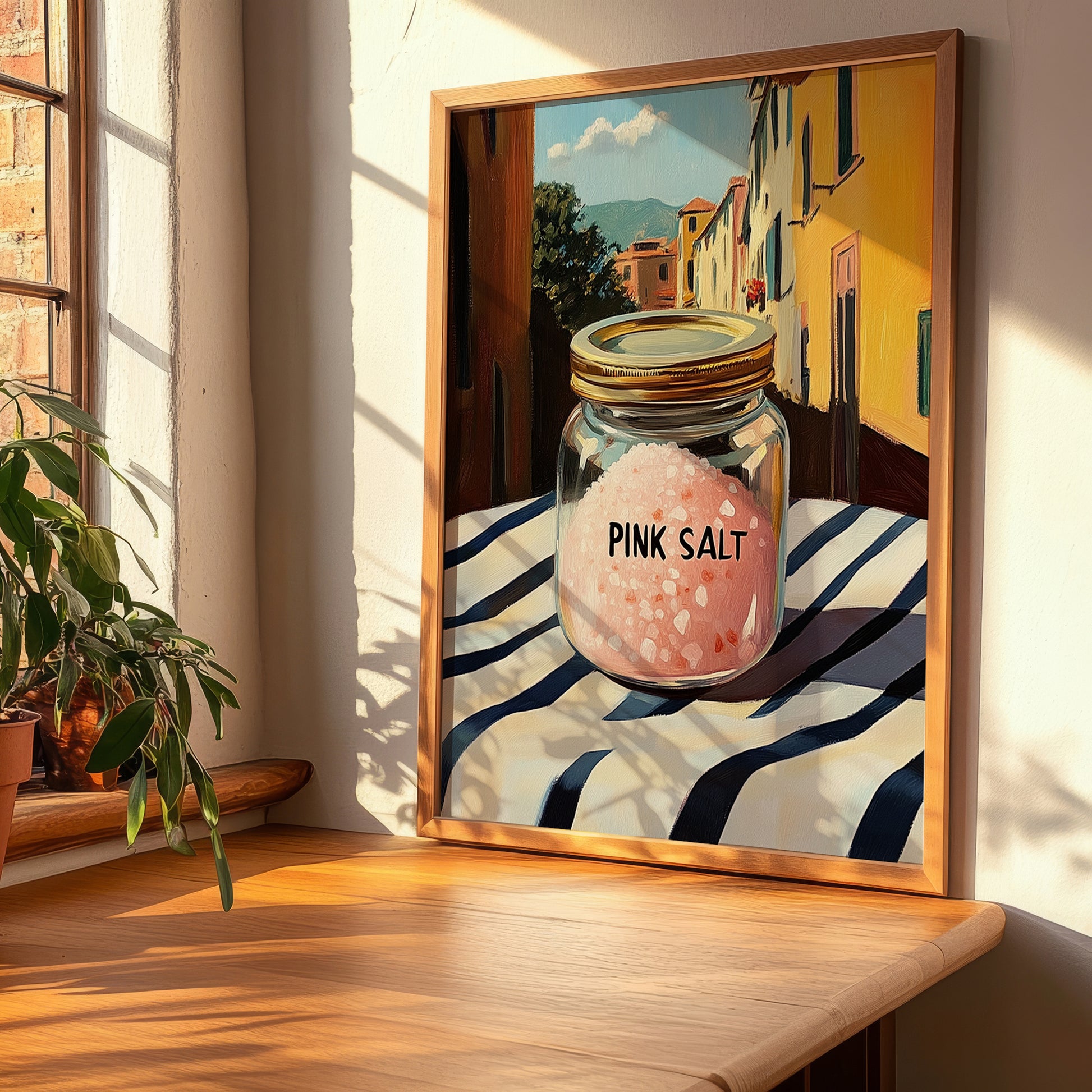 Himalayan Pink Salt – Italian Outdoor Café Scene, Spices Still Life, clean layout with no caption