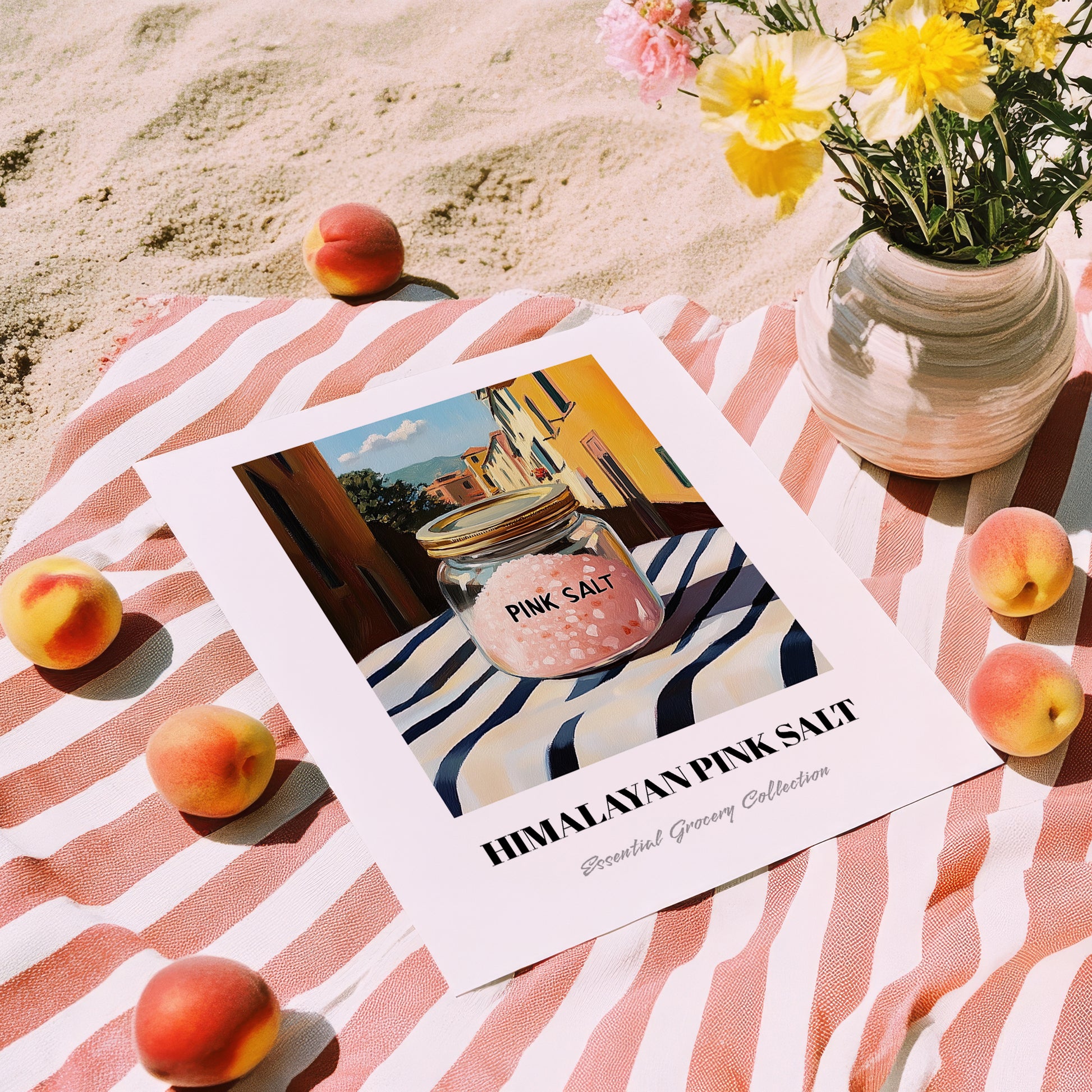 Himalayan Pink Salt – Italian Outdoor Café Scene, Spices Still Life, unframed on coastal sand