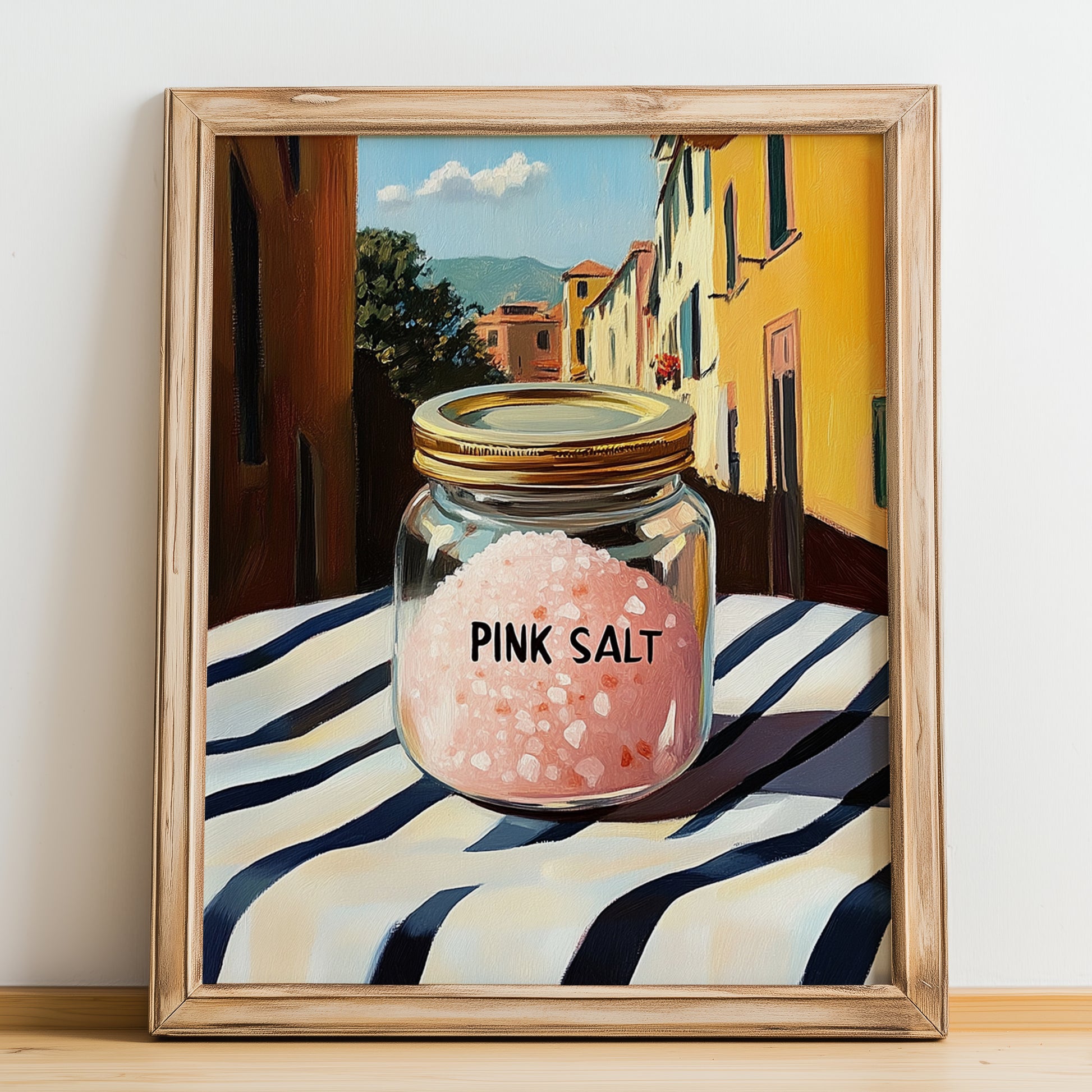 Himalayan Pink Salt – Italian Outdoor Café Scene, Spices Still Life, no-text version framed in wood