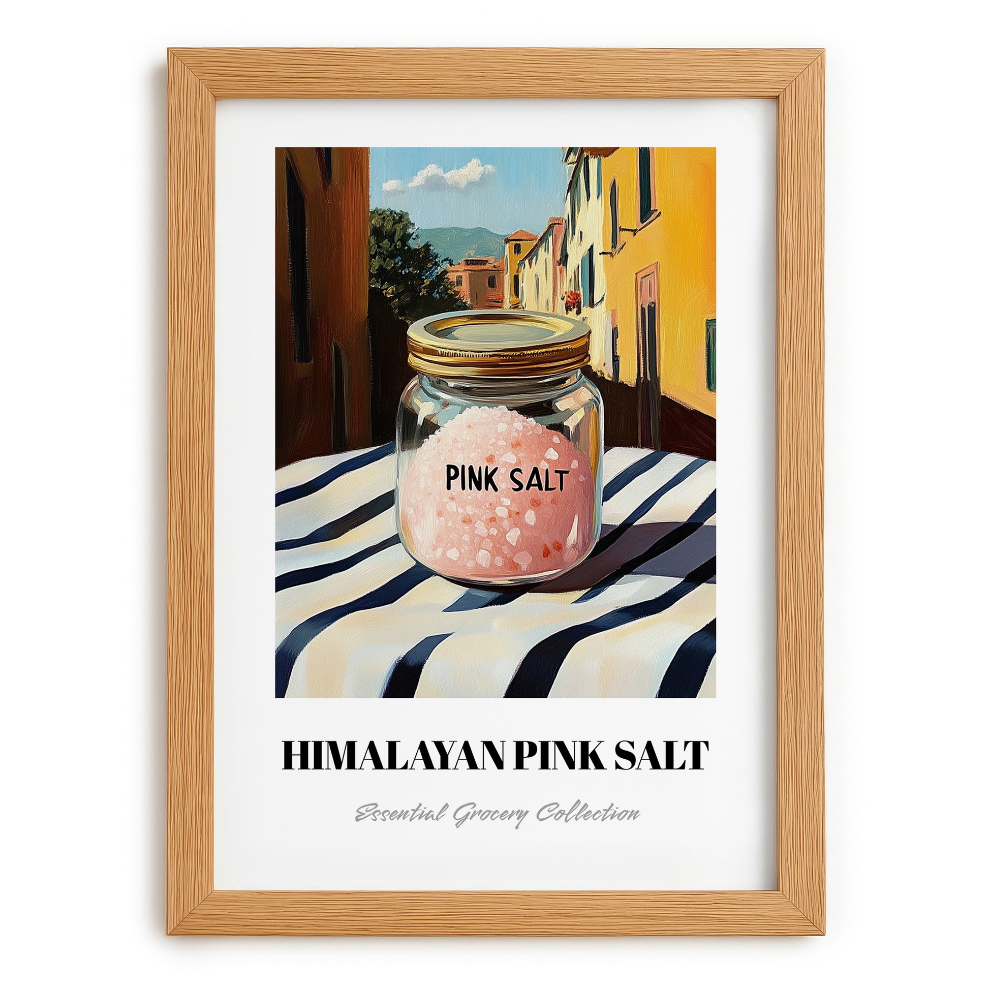 Himalayan Pink Salt – Italian Outdoor Café Scene, Spices Still Life, set in oak frame