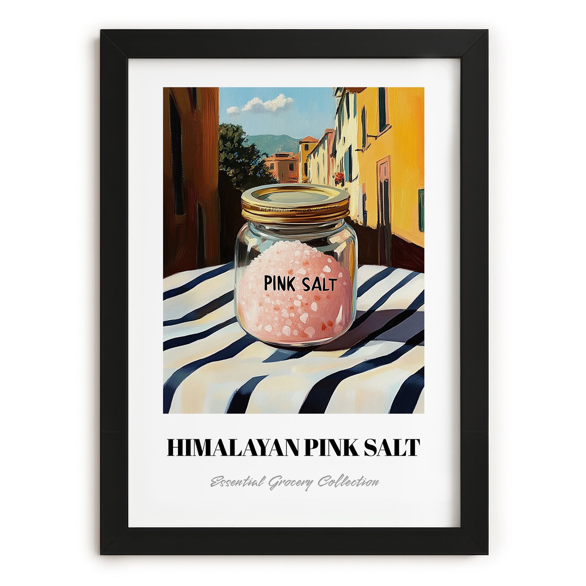Himalayan Pink Salt – Italian Outdoor Café Scene, Spices Still Life, in sleek black frame