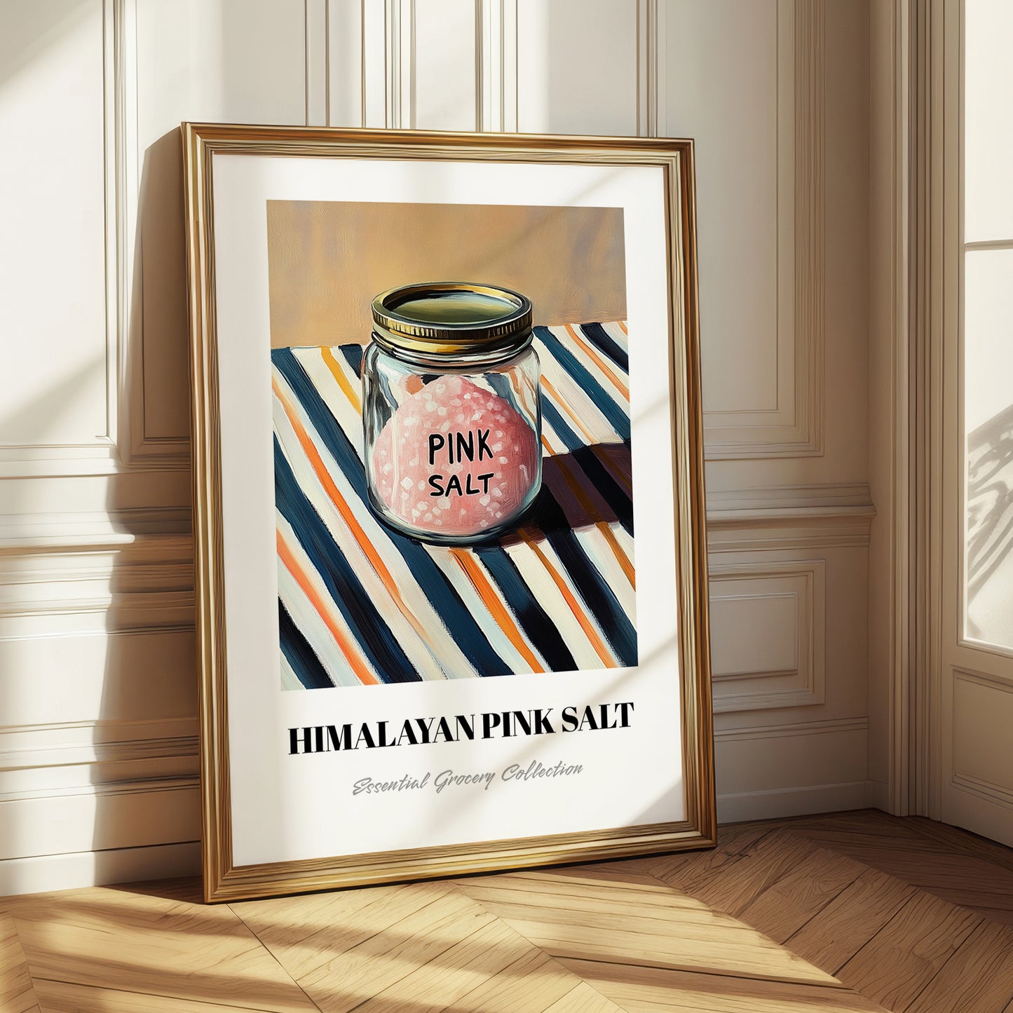Himalayan Pink Salt – on Striped Tablecloth, Spices Poster