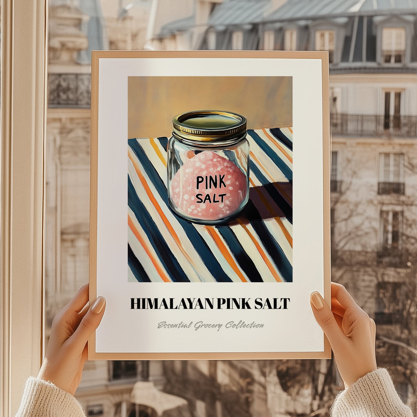 Himalayan Pink Salt – on Striped Tablecloth, Spices Poster, styled in a charming Paris street view