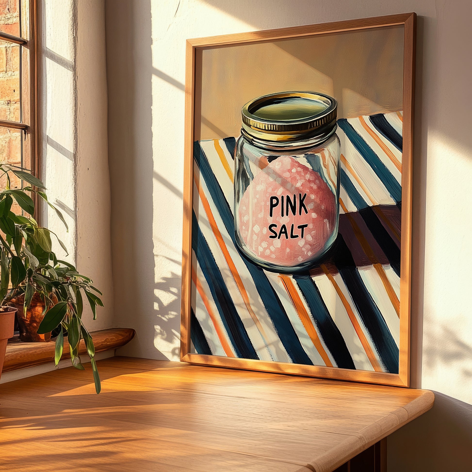 Himalayan Pink Salt – on Striped Tablecloth, Spices Poster, clean layout with no caption