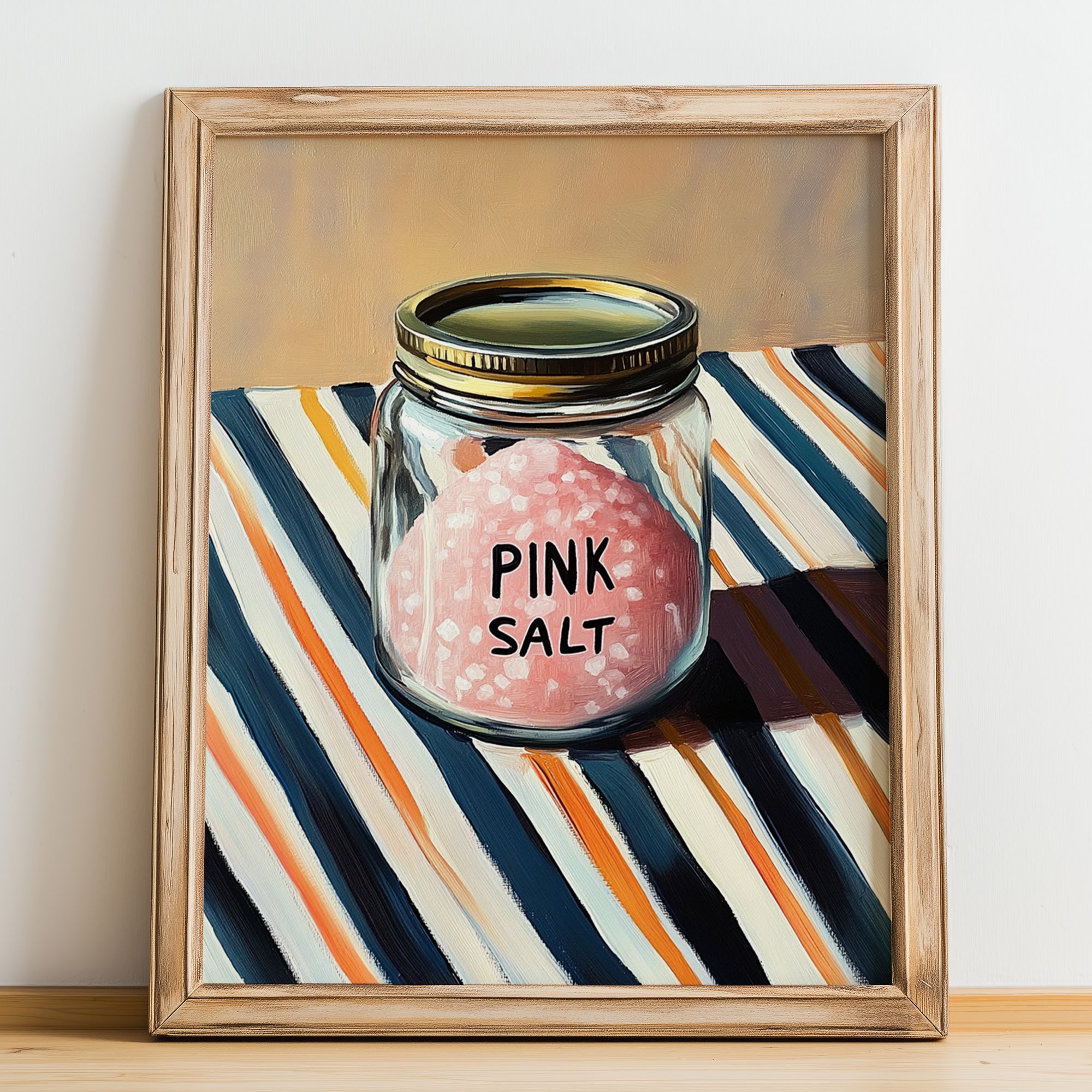 Himalayan Pink Salt – on Striped Tablecloth, Spices Poster, no-text version framed in wood