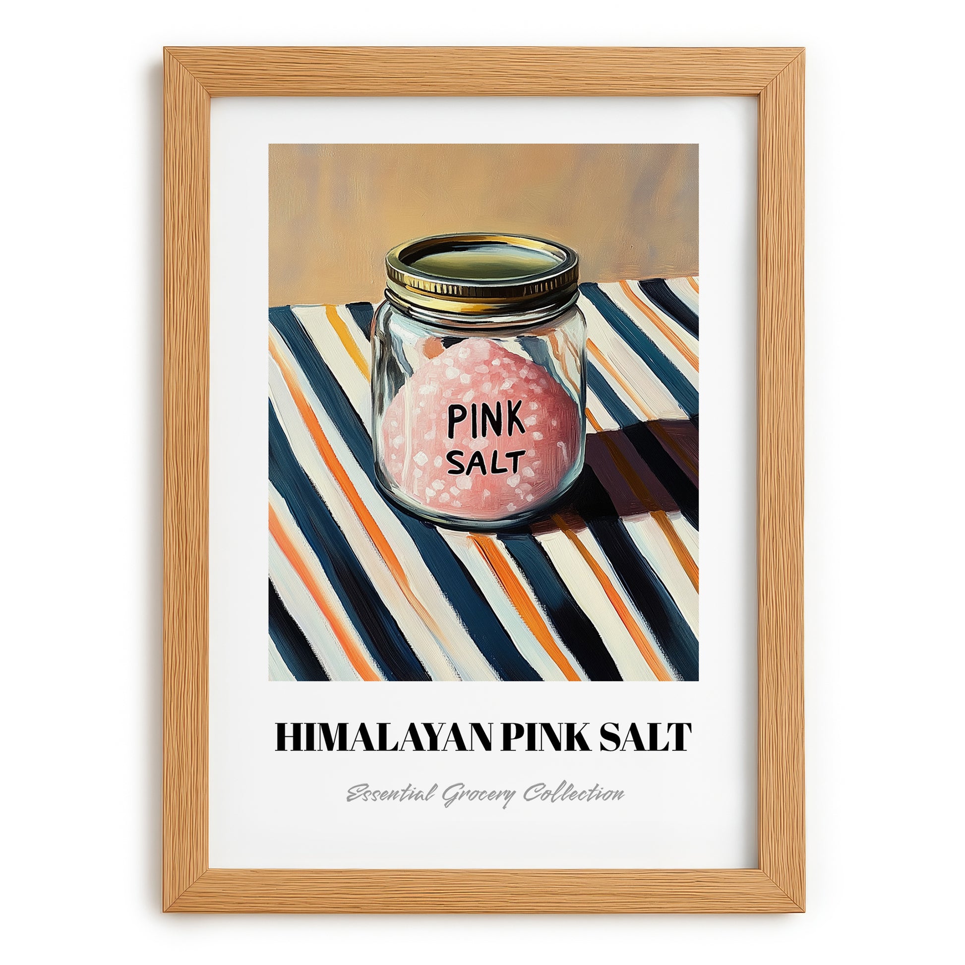 Himalayan Pink Salt – on Striped Tablecloth, Spices Poster, set in oak frame