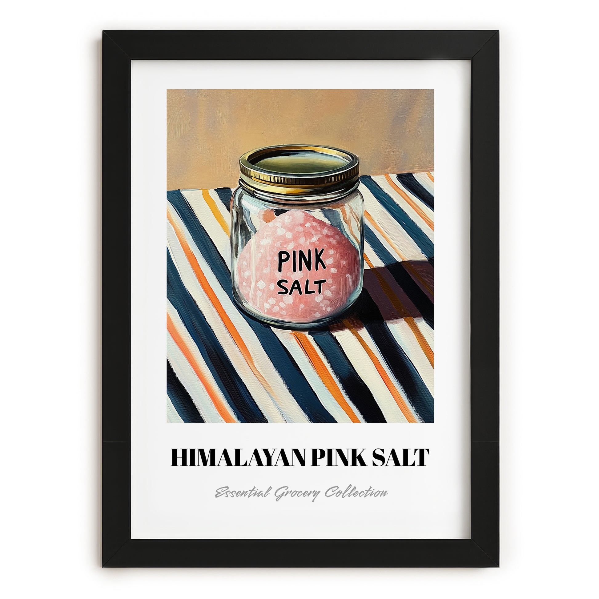 Himalayan Pink Salt – on Striped Tablecloth, Spices Poster, in sleek black frame