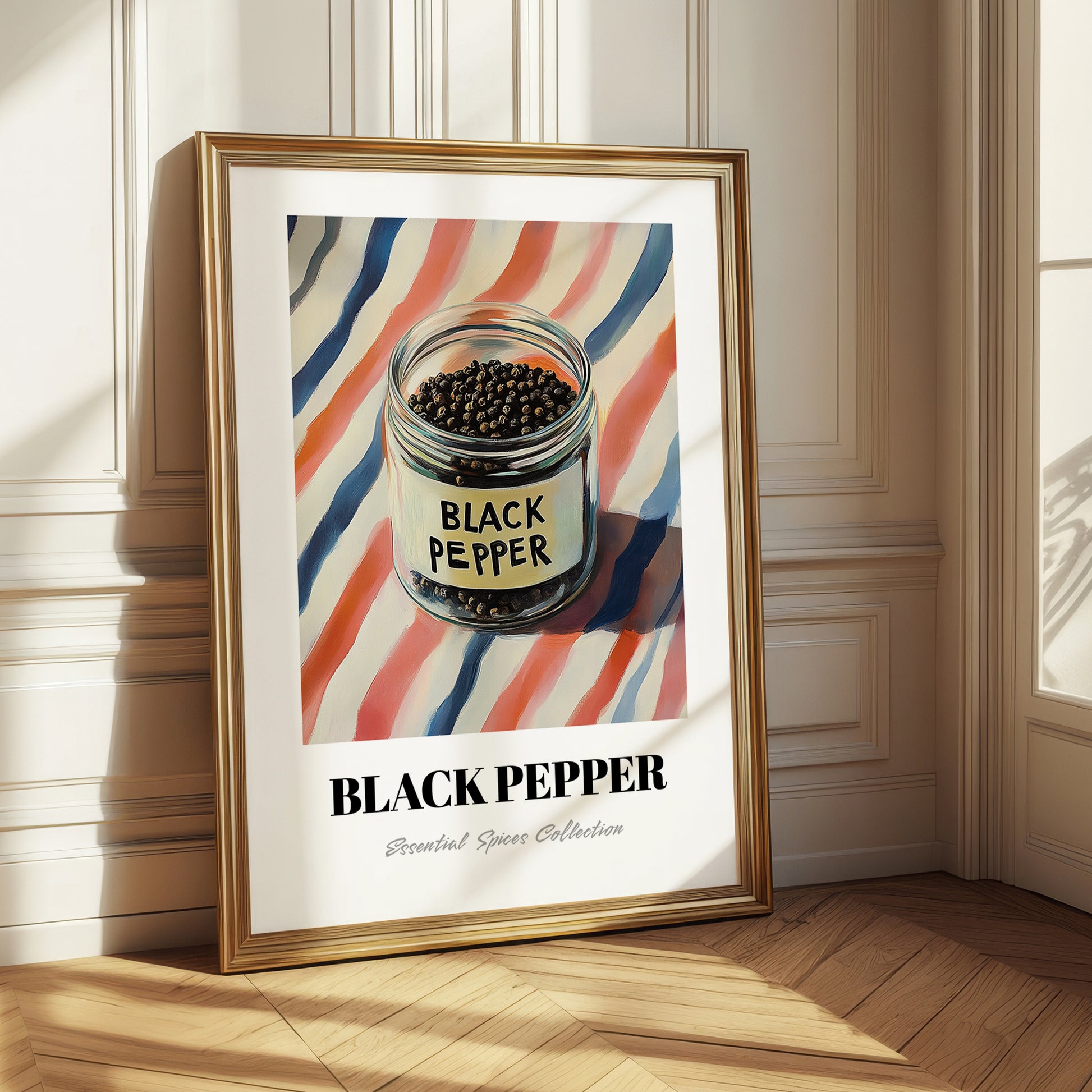 Black Pepper – on Striped Tablecloth, Spices Wall Decor
