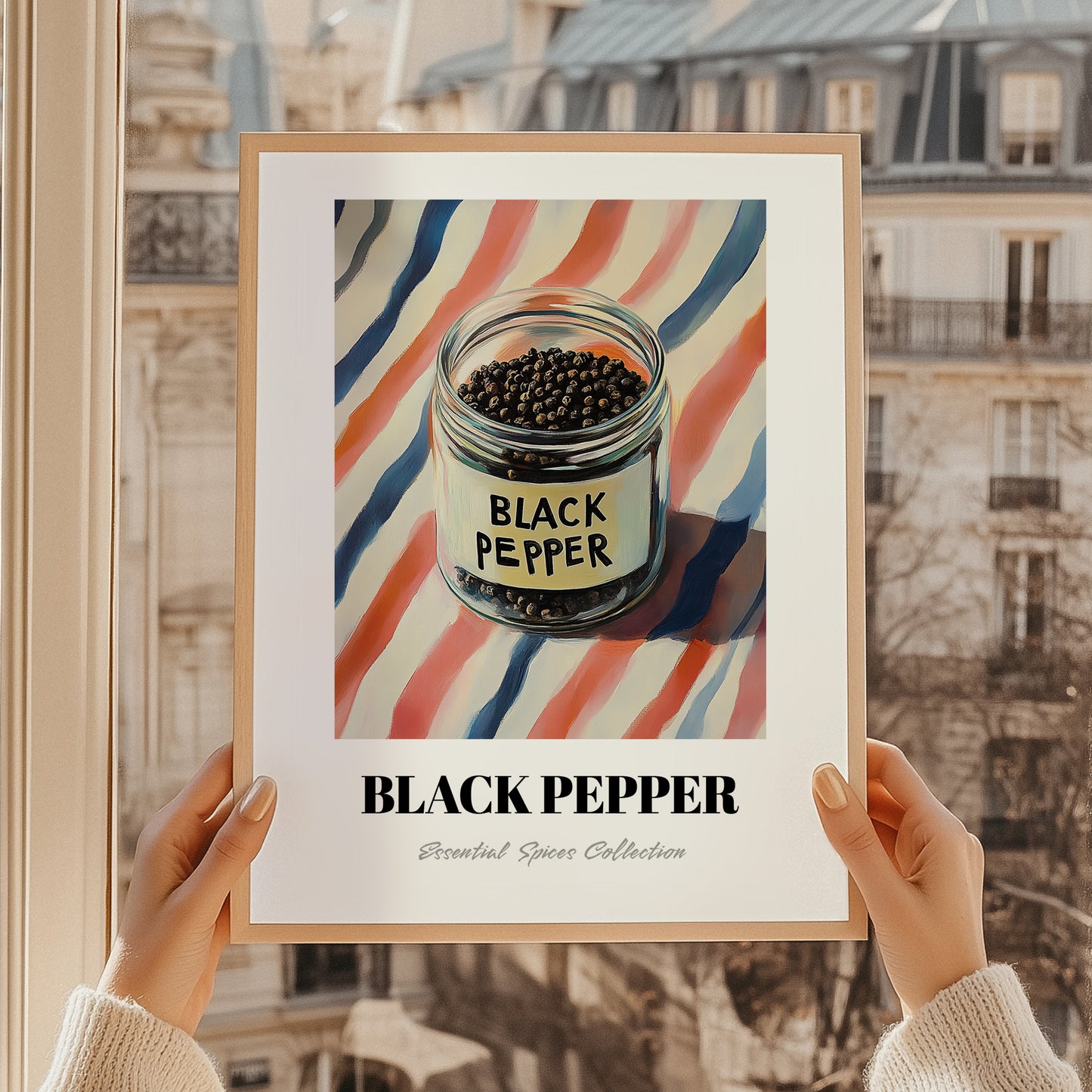 Black Pepper – on Striped Tablecloth, Spices Wall Decor, styled in a charming Paris street view