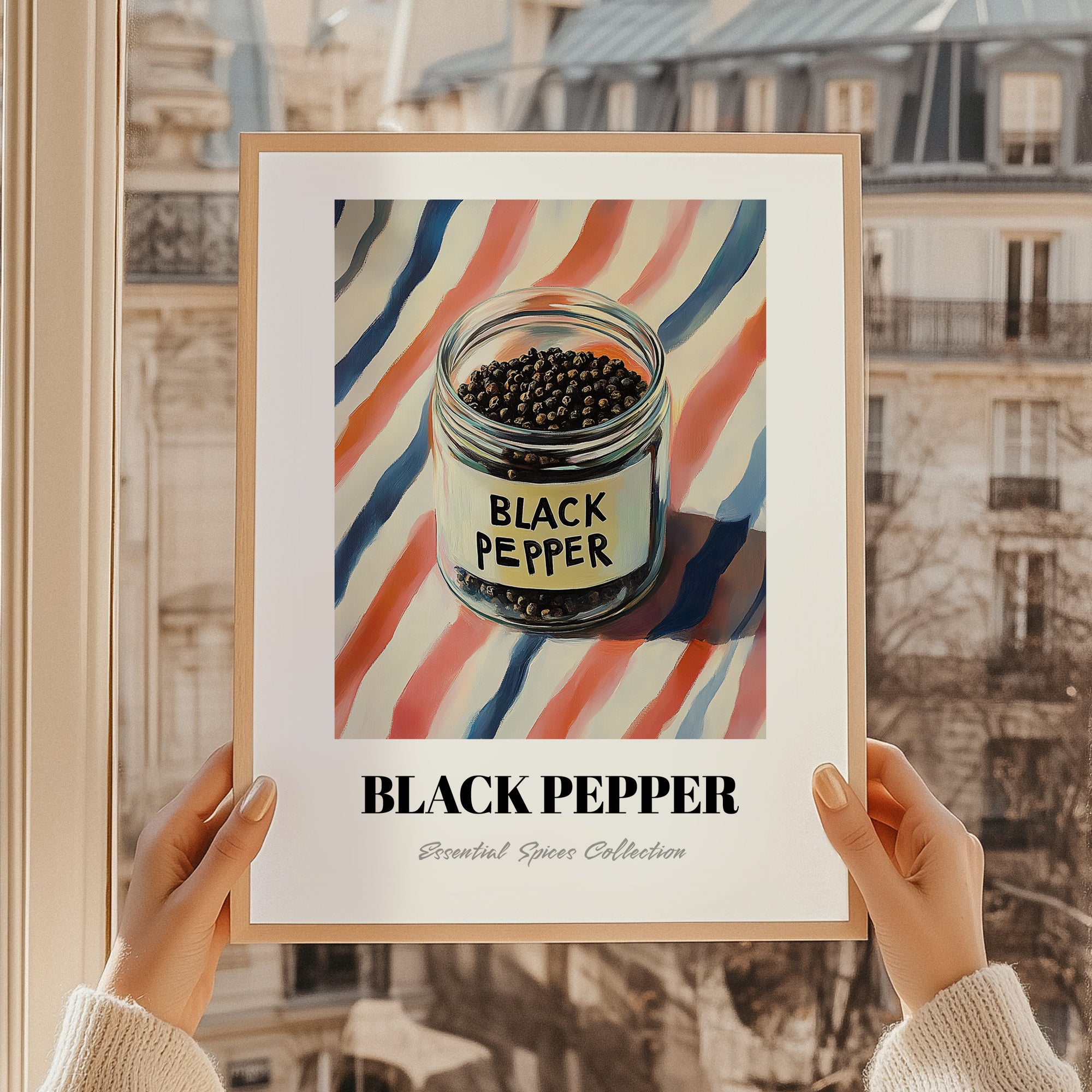Black Pepper – on Striped Tablecloth, Spices Wall Decor, styled in a charming Paris street view