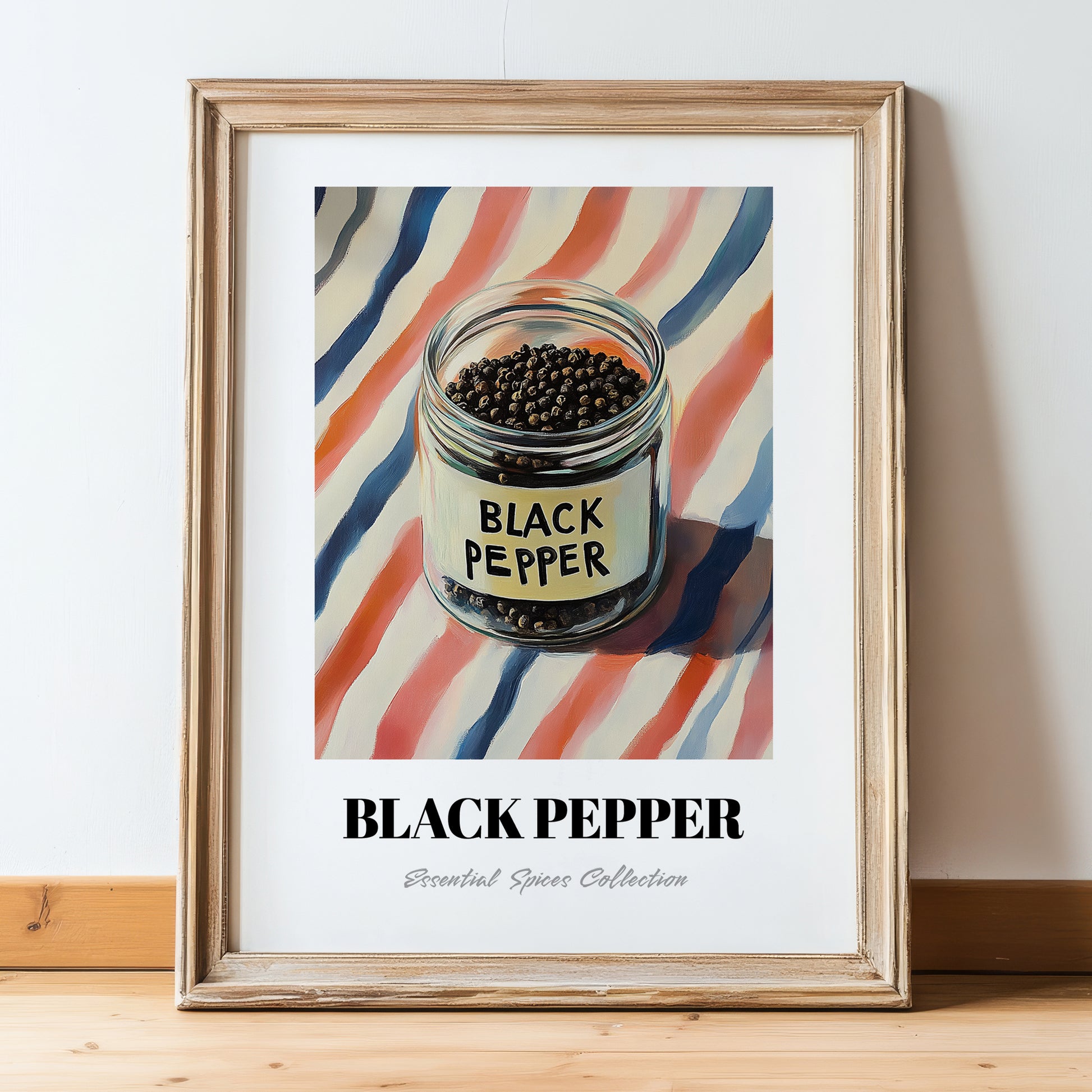 Black Pepper – on Striped Tablecloth, Spices Wall Decor, in wooden frame leaning on the floor