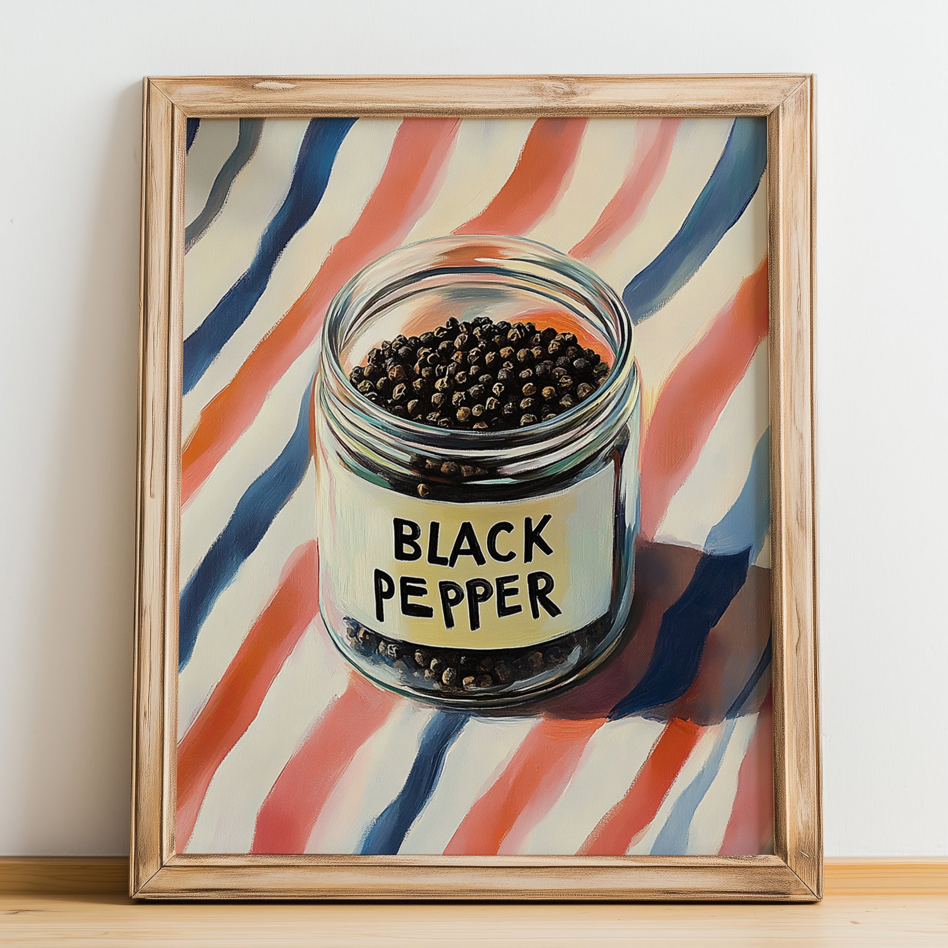 Black Pepper – on Striped Tablecloth, Spices Wall Decor, no-text version framed in wood