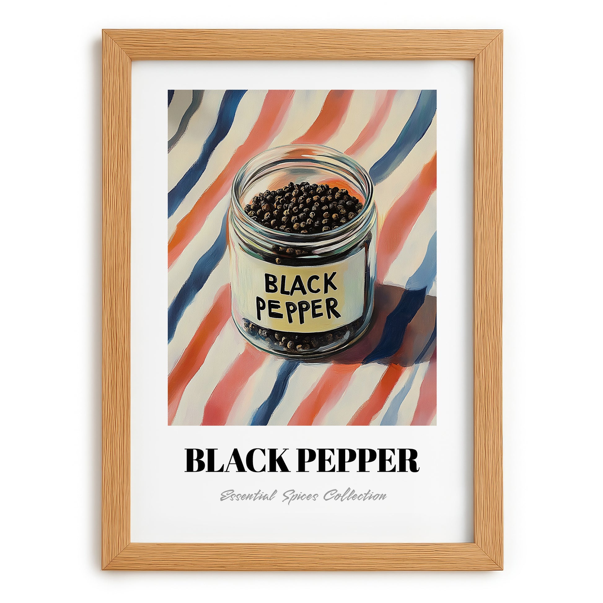 Black Pepper – on Striped Tablecloth, Spices Wall Decor, set in oak frame