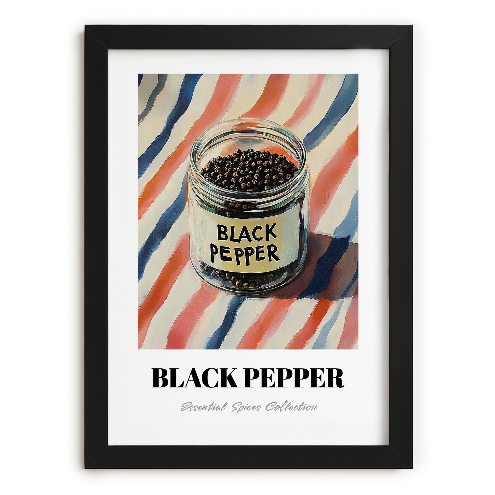 Black Pepper – on Striped Tablecloth, Spices Wall Decor, in sleek black frame