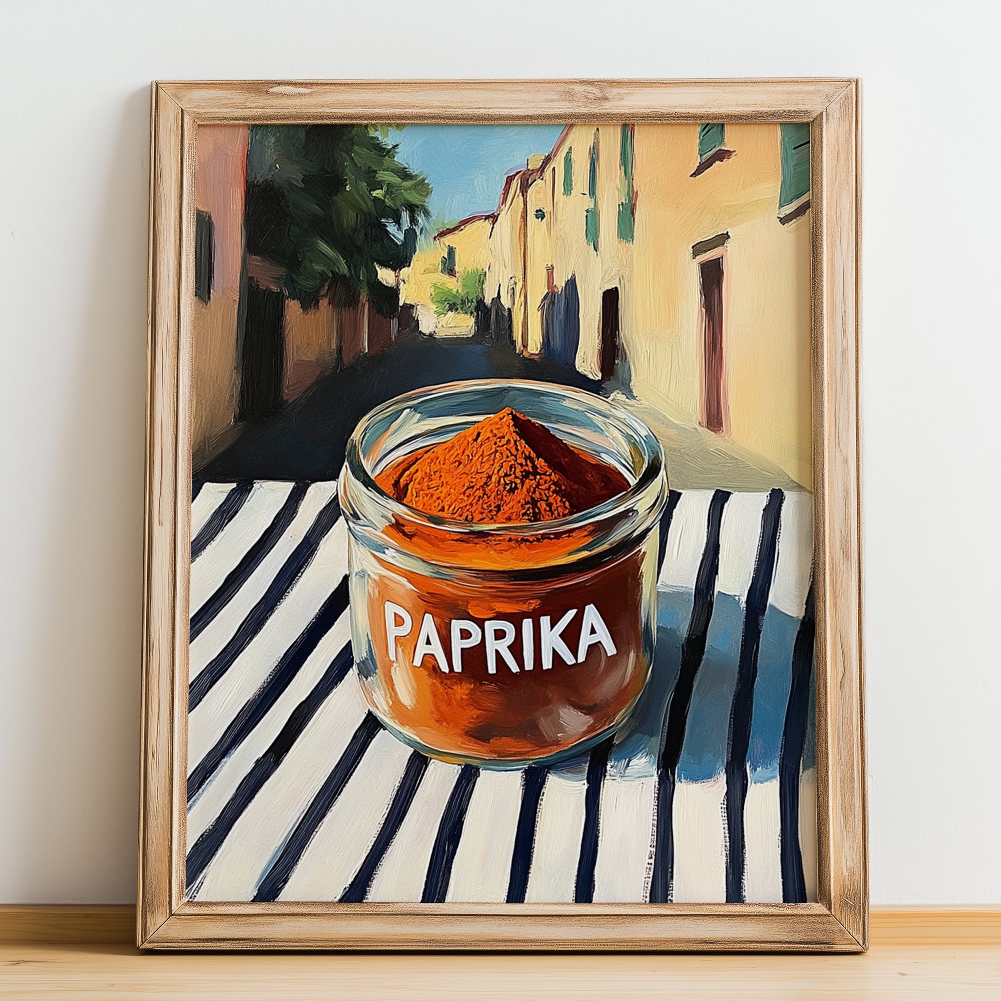 Paprika – Italian Street Café Scene, Spices Still Life, no-text version framed in wood