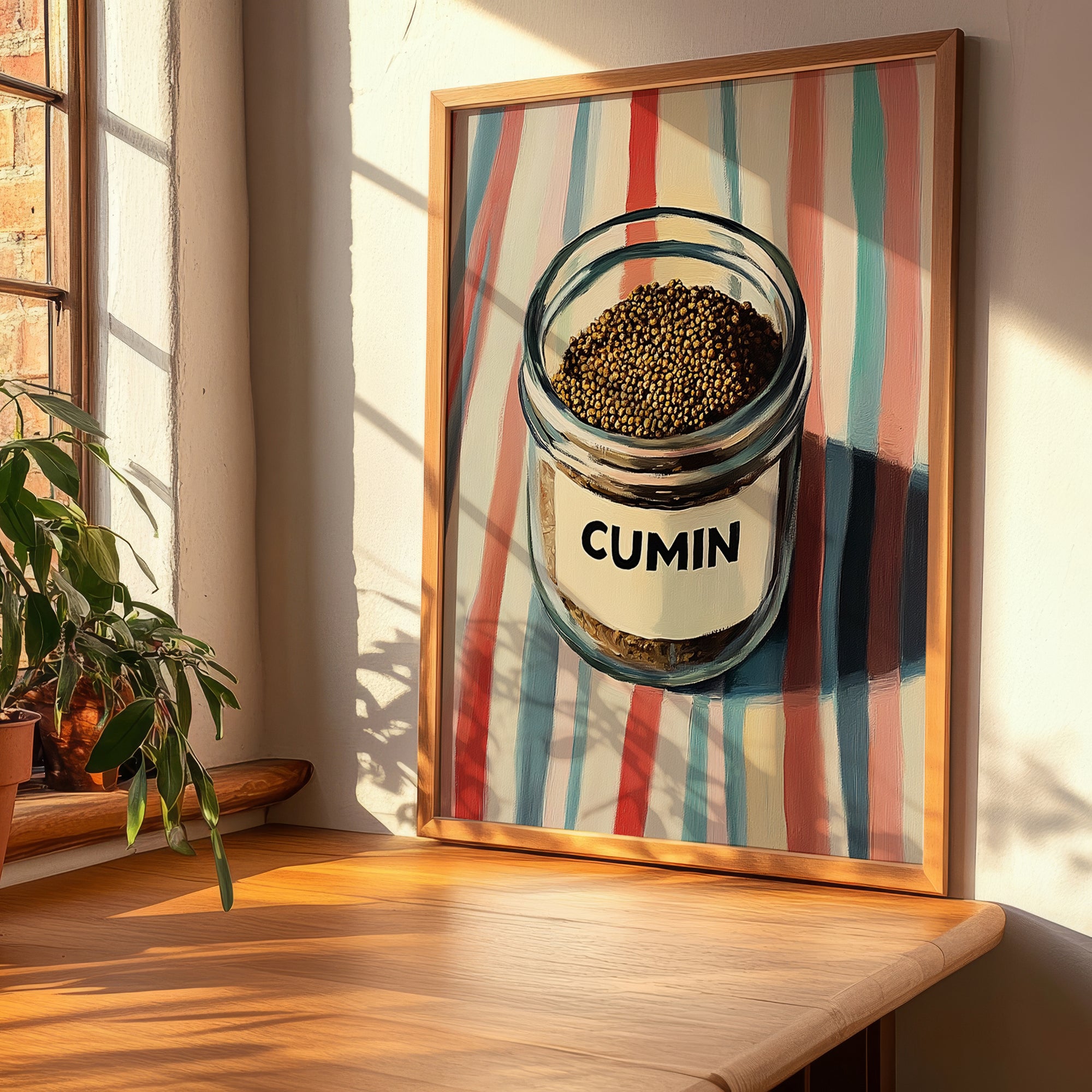 Cumin – on Striped Tablecloth, Spices Painting, clean layout with no caption