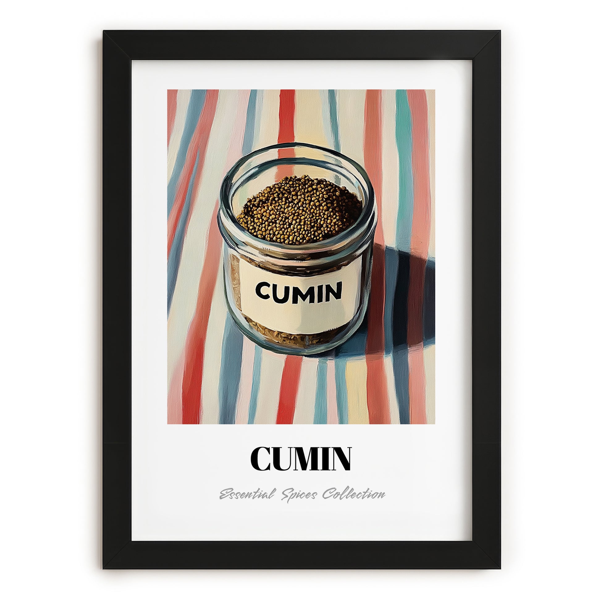 Cumin – on Striped Tablecloth, Spices Painting, in sleek black frame