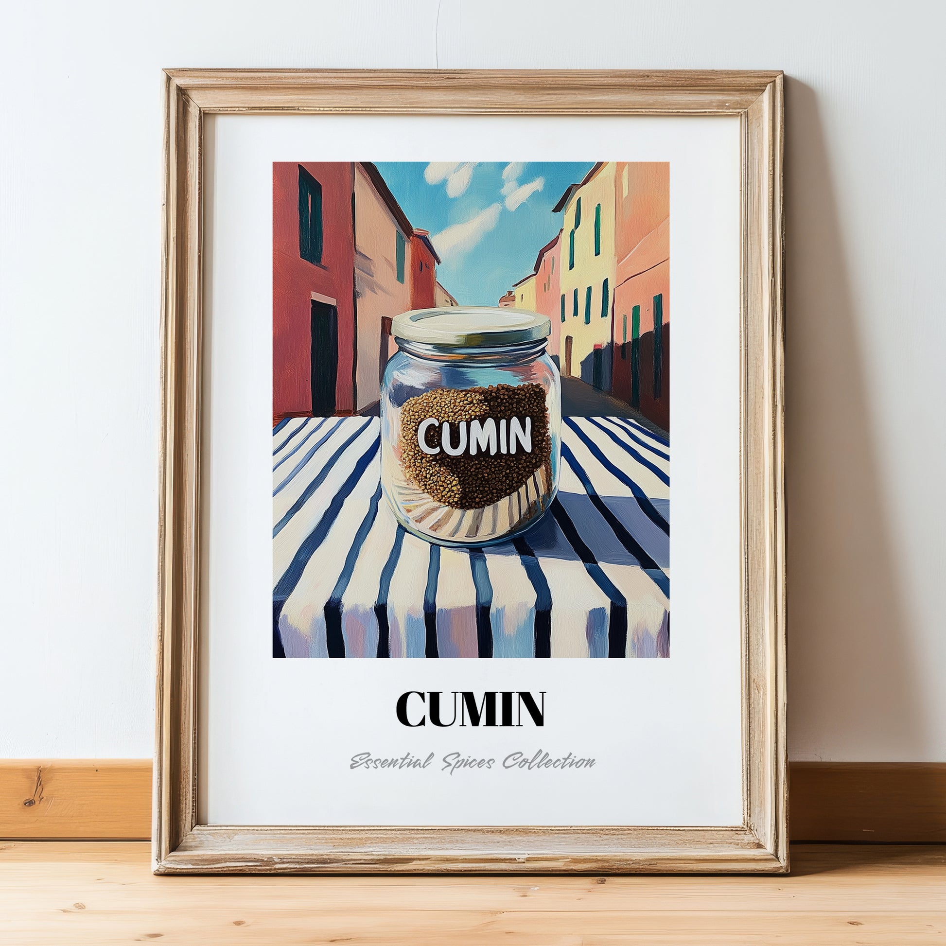 Cumin – Italian Café on the Corner, Spices Wall Decor, in wooden frame leaning on the floor