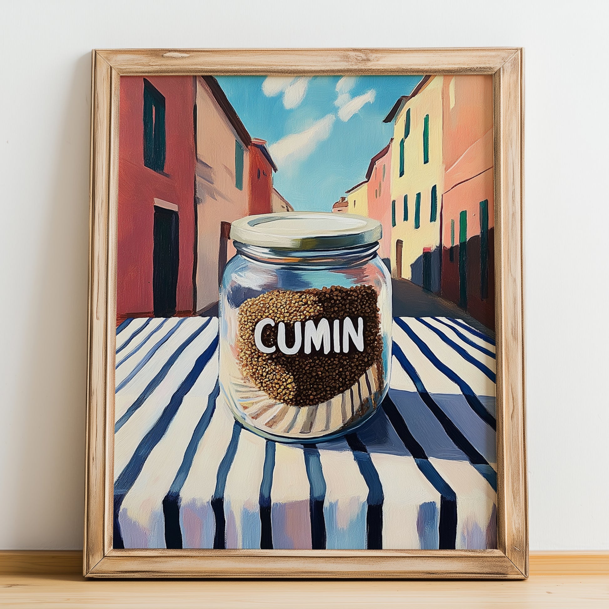Cumin – Italian Café on the Corner, Spices Wall Decor, no-text version framed in wood