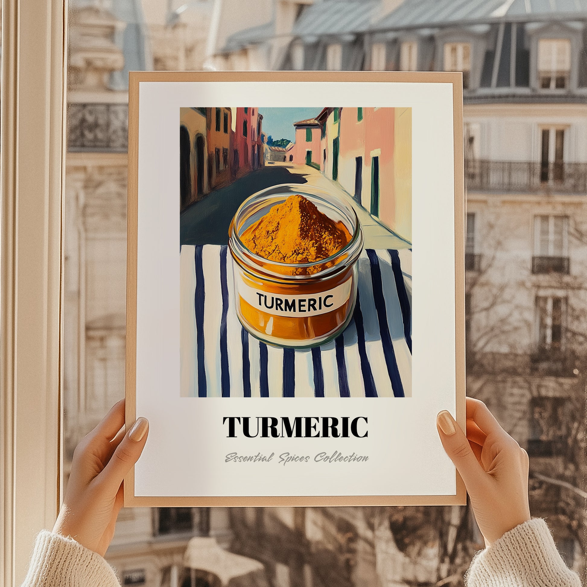 Turmeric – Italian Café on the Corner, Spices Wall Art, styled in a charming Paris street view