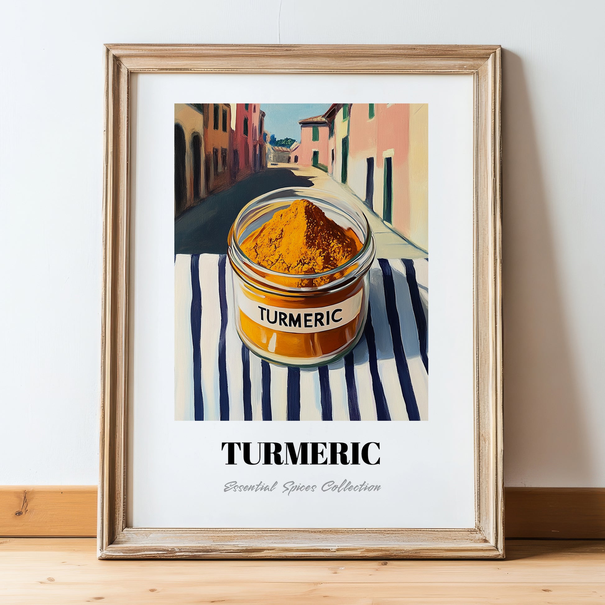 Turmeric – Italian Café on the Corner, Spices Wall Art, in wooden frame leaning on the floor