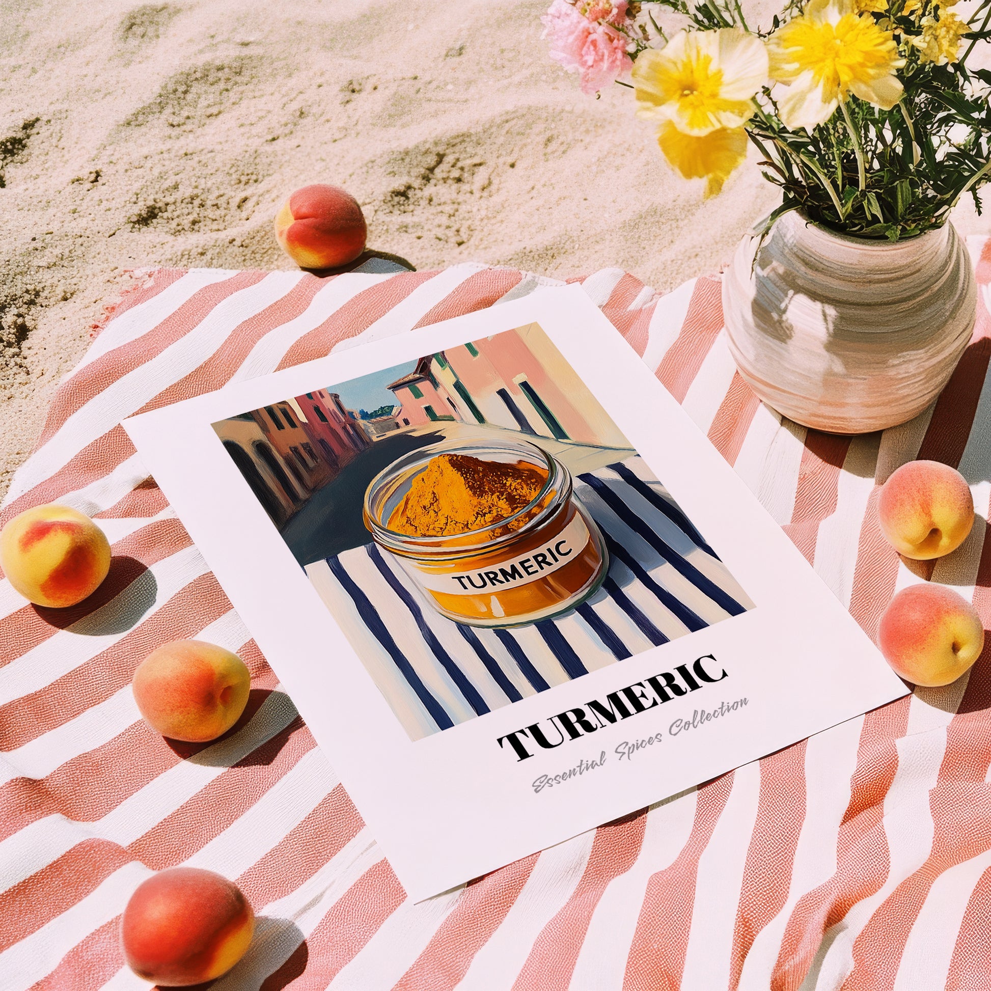 Turmeric – Italian Café on the Corner, Spices Wall Art, unframed on coastal sand