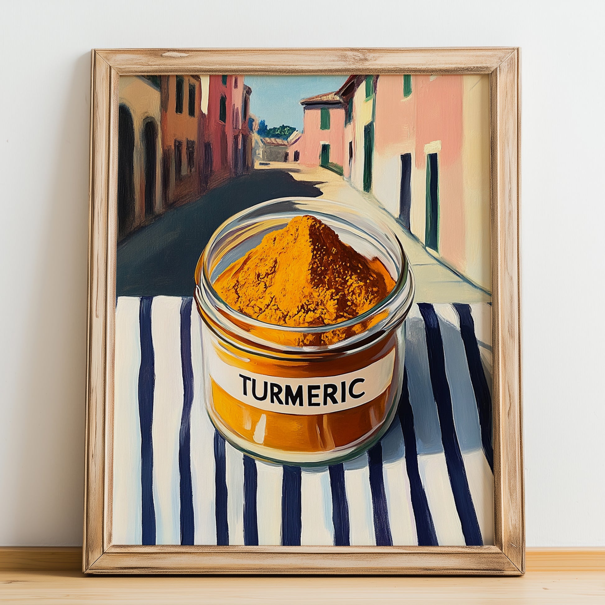 Turmeric – Italian Café on the Corner, Spices Wall Art, no-text version framed in wood