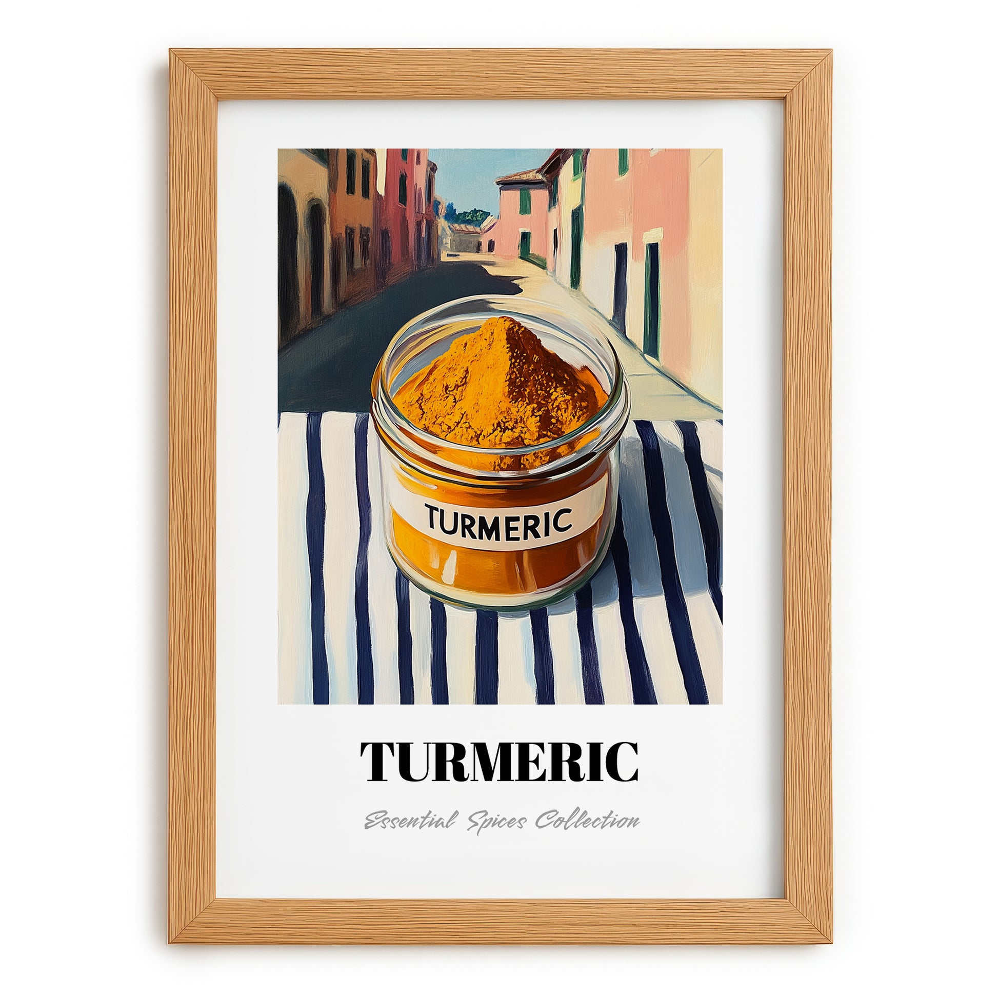Turmeric – Italian Café on the Corner, Spices Wall Art, set in oak frame