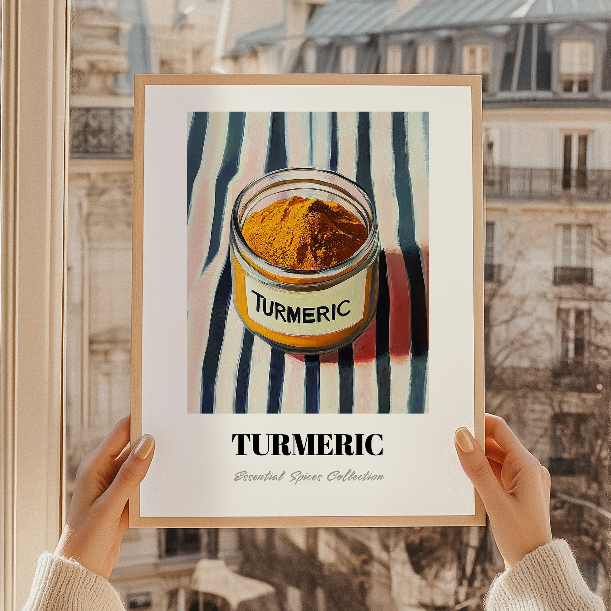 Turmeric – on Striped Tablecloth, Spices Illustration, styled in a charming Paris street view