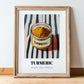 Turmeric – on Striped Tablecloth, Spices Illustration, in wooden frame leaning on the floor