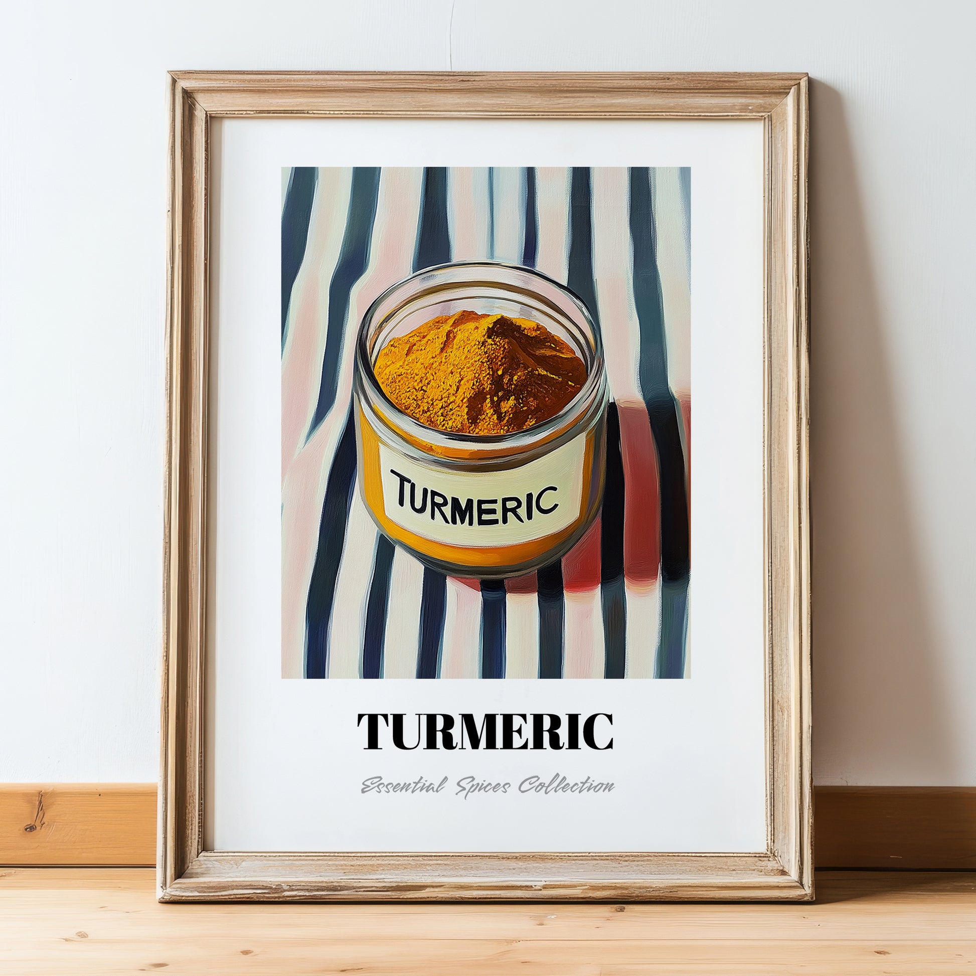 Turmeric – on Striped Tablecloth, Spices Illustration, in wooden frame leaning on the floor
