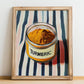 Turmeric – on Striped Tablecloth, Spices Illustration, no-text version framed in wood