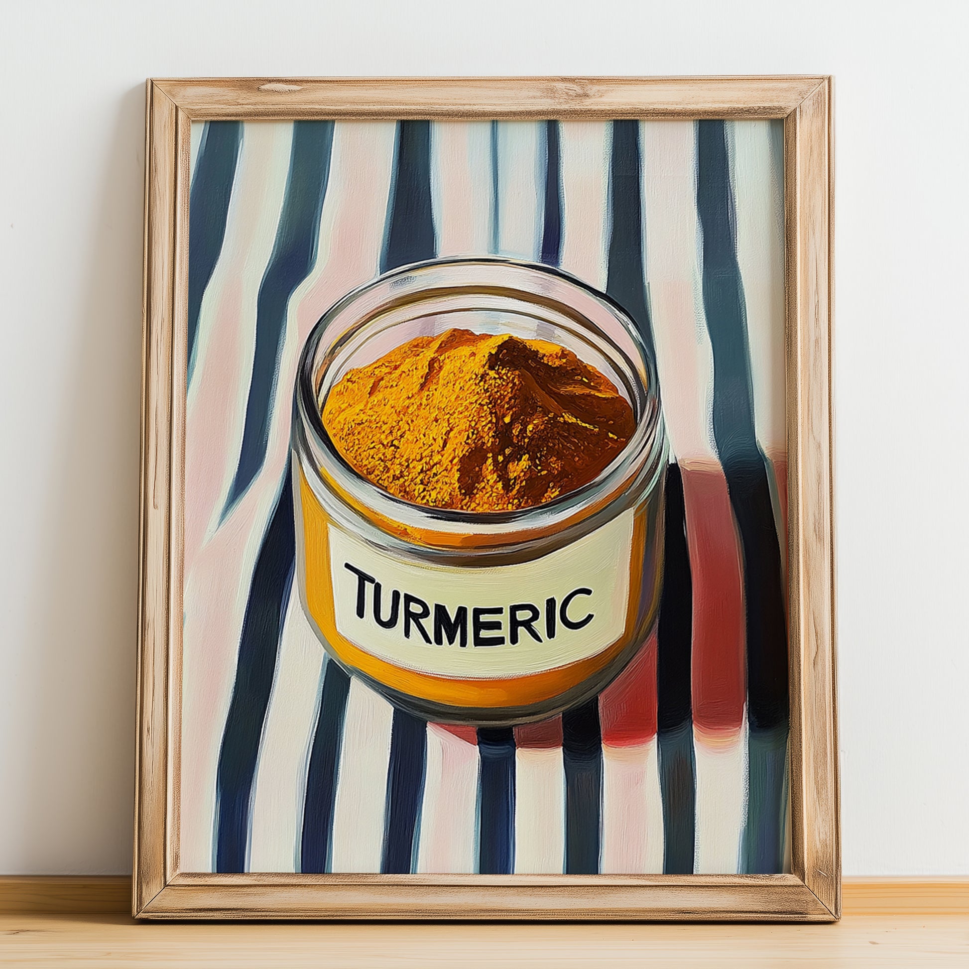 Turmeric – on Striped Tablecloth, Spices Illustration, no-text version framed in wood