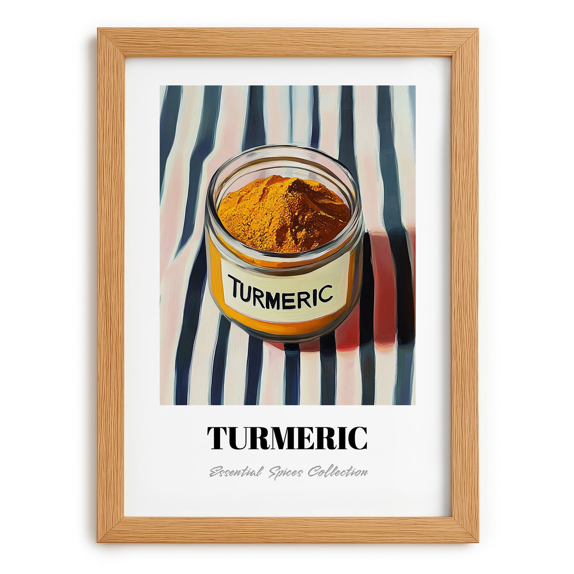 Turmeric – on Striped Tablecloth, Spices Illustration, set in oak frame