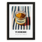 Turmeric – on Striped Tablecloth, Spices Illustration, in sleek black frame