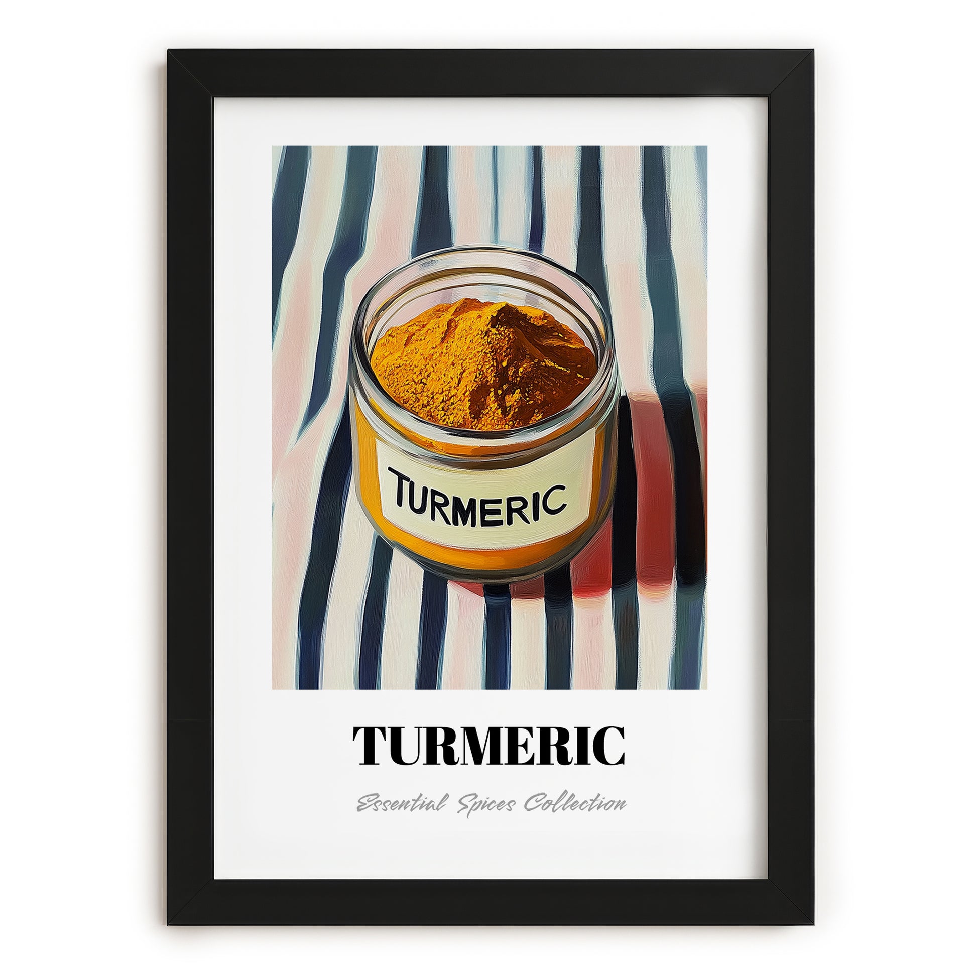 Turmeric – on Striped Tablecloth, Spices Illustration, in sleek black frame