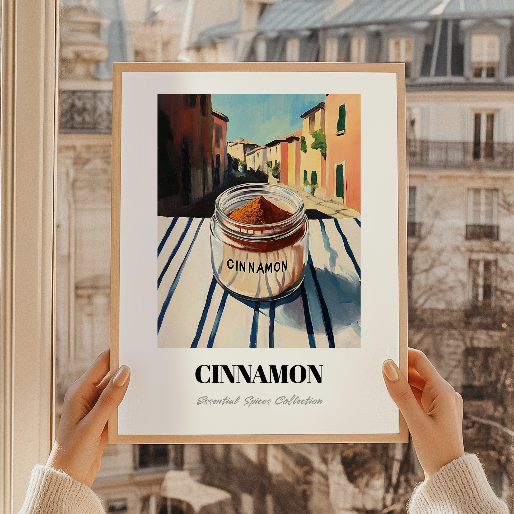 Cinnamon – Italian Urban Café Scene, Spices Poster, styled in a charming Paris street view