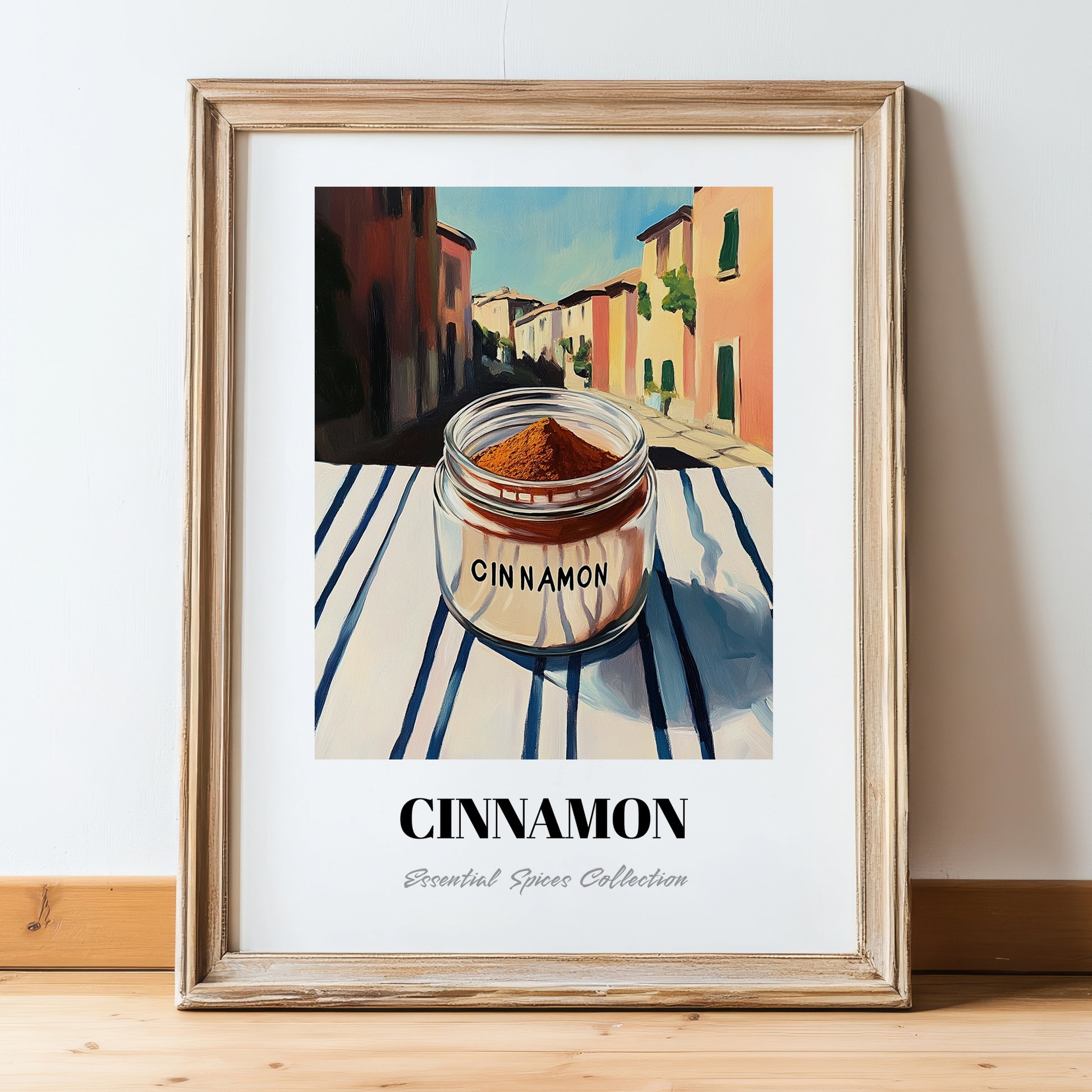 Cinnamon – Italian Urban Café Scene, Spices Poster, in wooden frame leaning on the floor