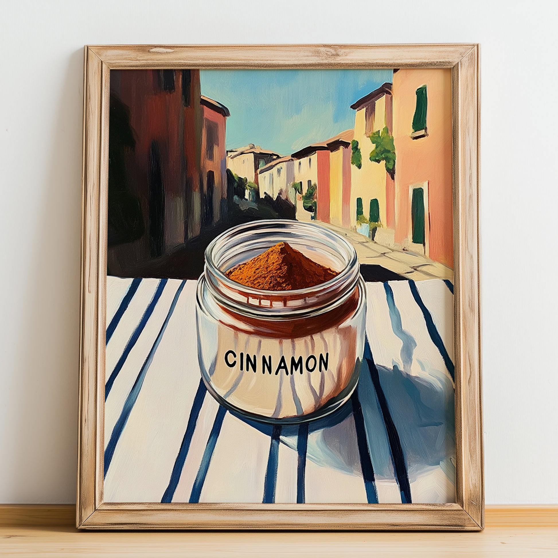 Cinnamon – Italian Urban Café Scene, Spices Poster, no-text version framed in wood