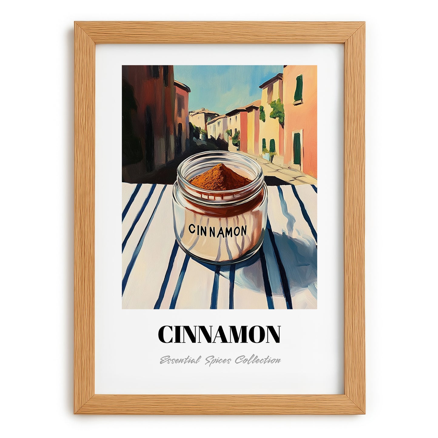 Cinnamon – Italian Urban Café Scene, Spices Poster, set in oak frame
