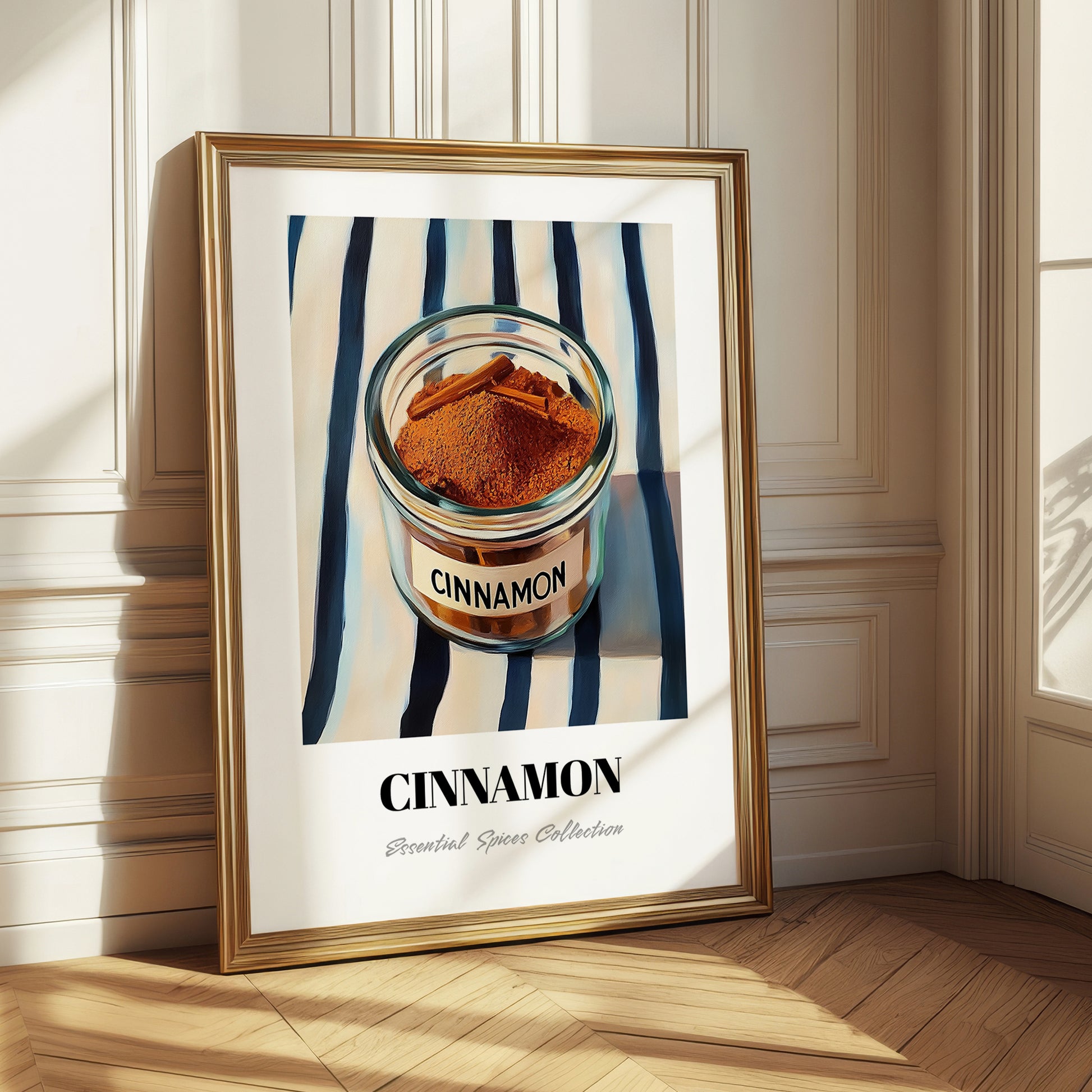 Cinnamon – on Striped Tablecloth, Spices Still Life