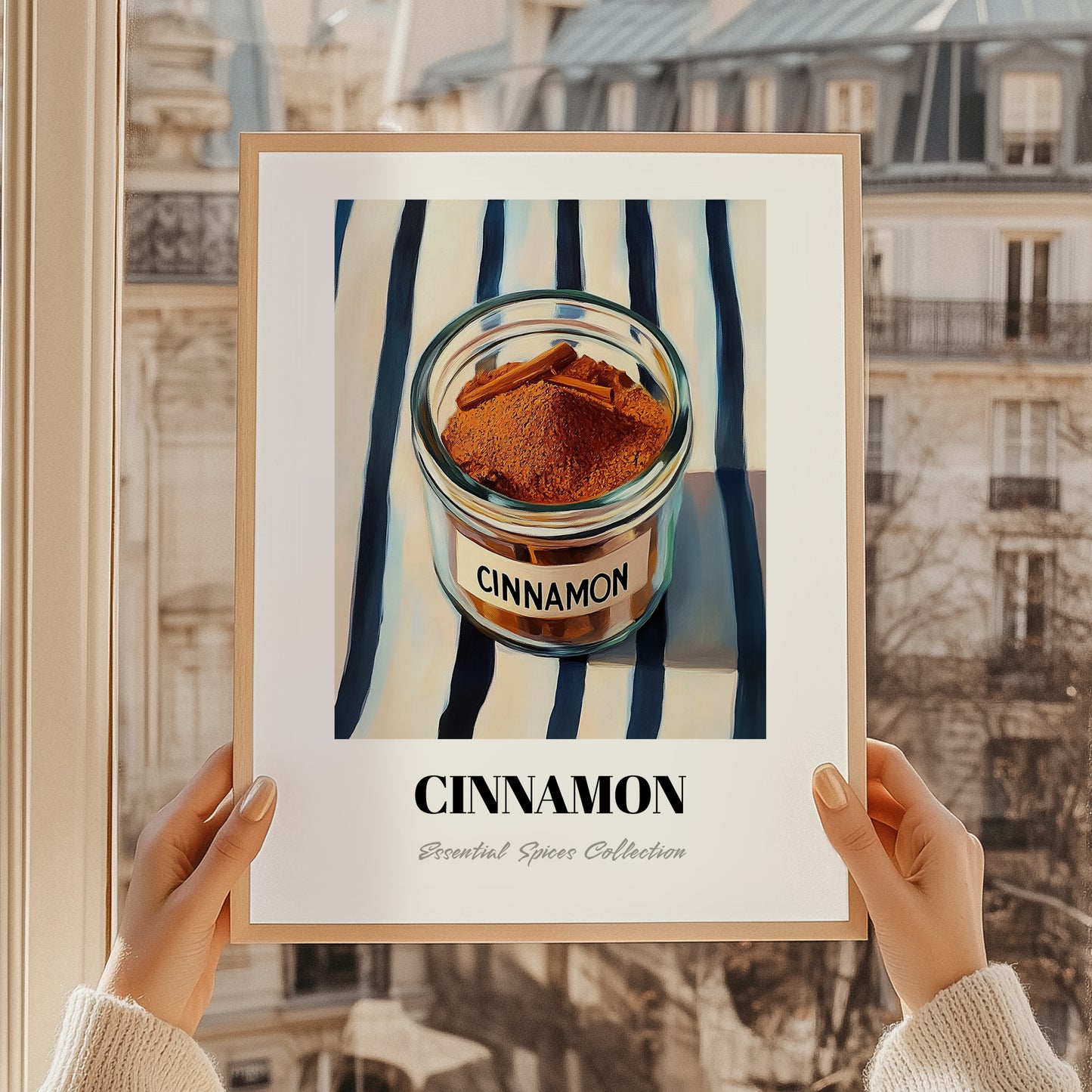 Cinnamon – on Striped Tablecloth, Spices Still Life, styled in a charming Paris street view