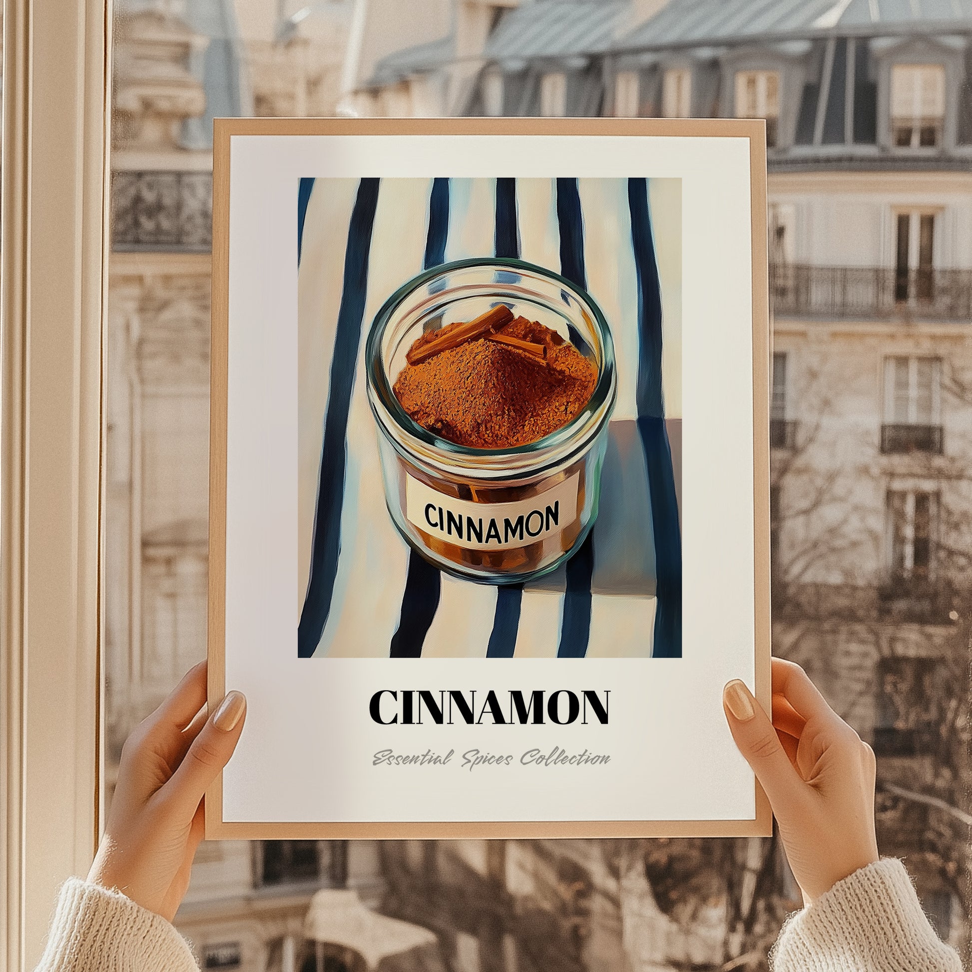 Cinnamon – on Striped Tablecloth, Spices Still Life, styled in a charming Paris street view