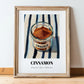Cinnamon – on Striped Tablecloth, Spices Still Life, in wooden frame leaning on the floor